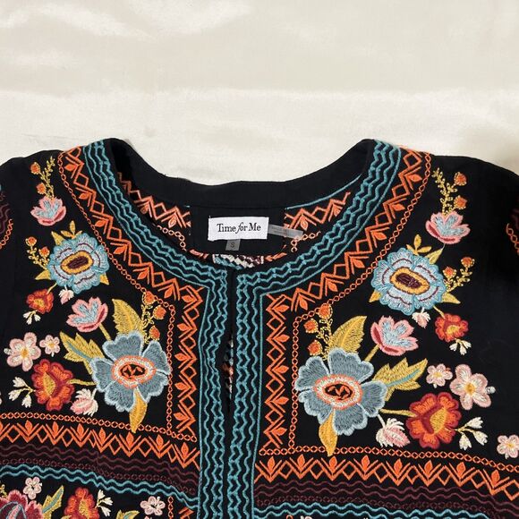 Time For Me Blazer Black Floral Embroidered Open Front Boho S Whinsigoth Aztec - Picture 9 of 11
